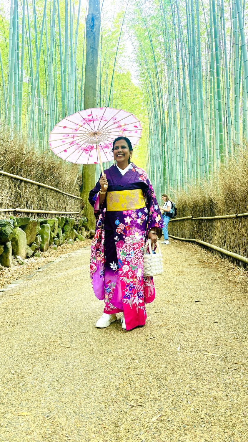A Longitude Pass guest in kimono, Arashiyama bamboo grove