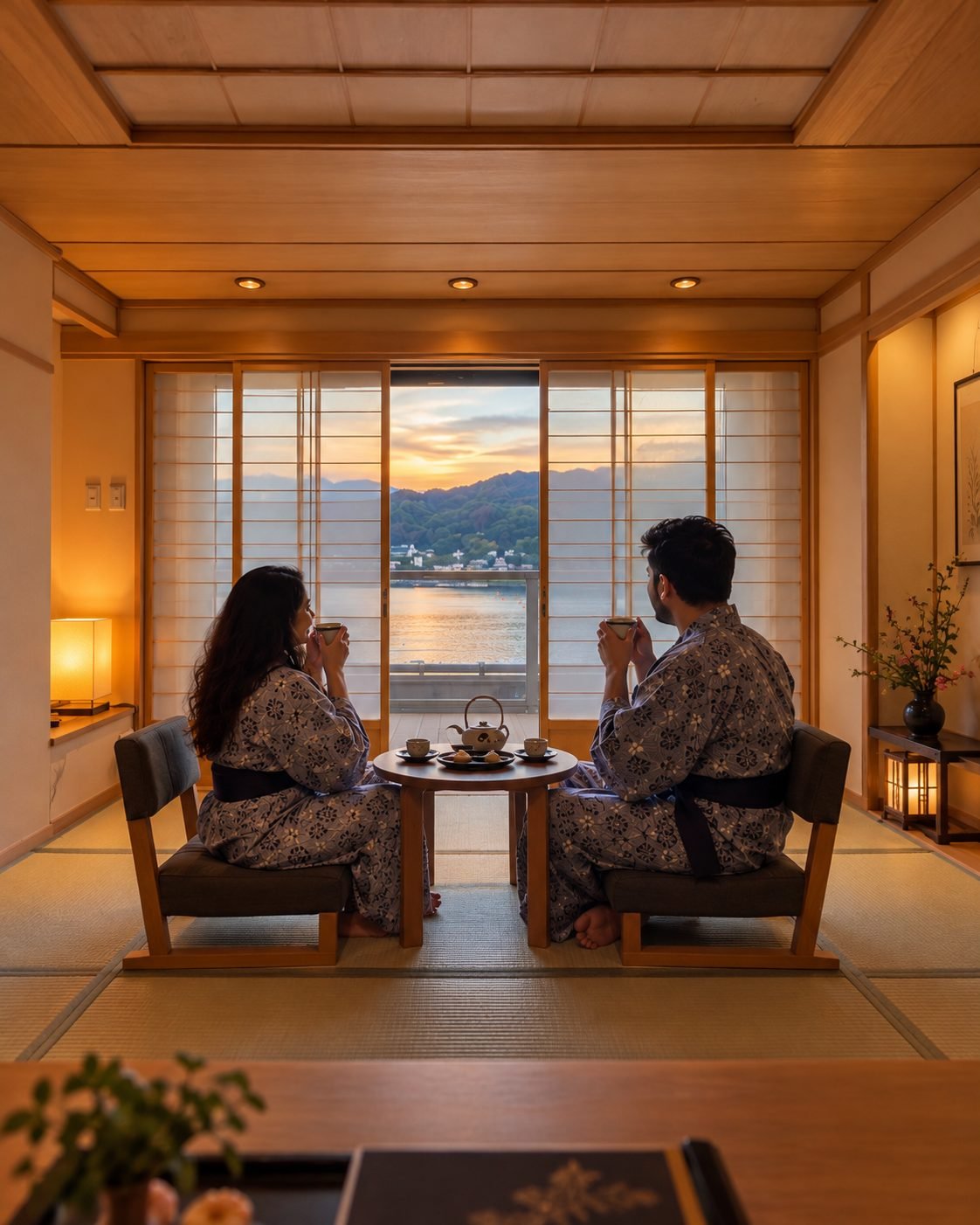 A couple in yukata at a ryokan window at sunset